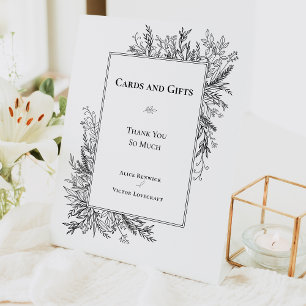 Hochzeitskarten und Geschenke in Weiß und Schwarz Sockelschild