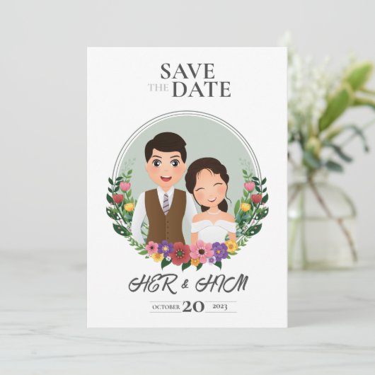 Hochzeitskartenbrille und Bräutigam-Cartoon Save The Date (Stehend Vorderseite)