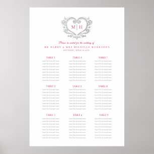 Hochzeitskartentabelle mit rotem und silberem Herz Poster