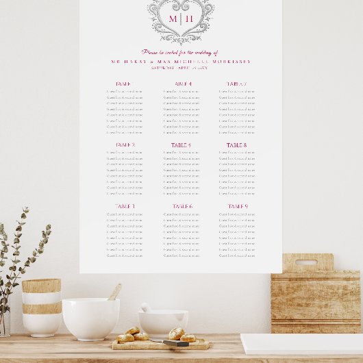 Hochzeitskartentabelle mit rotem und silberem Herz Poster (Küche)
