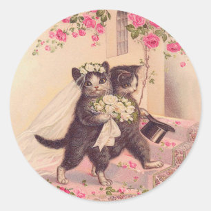 Hochzeitskatzen Braut und Bräutigam im Vintage-Sti Runder Aufkleber