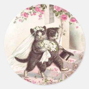 Hochzeitskatzen Braut und Bräutigam im Vintage-Sti Runder Aufkleber