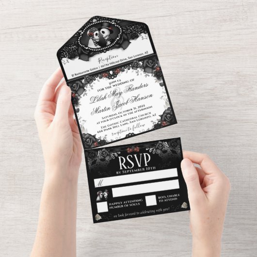 Hochzeitskelette Schwarz & Rote Rose Elegante All In One Einladung (Abreißen)