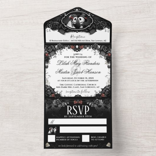 Hochzeitskelette Schwarz & Rote Rose Elegante All In One Einladung (Innen Boden)