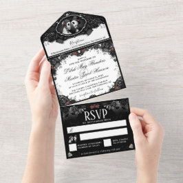 Hochzeitskelette Schwarz & Rote Rose Elegante All In One Einladung