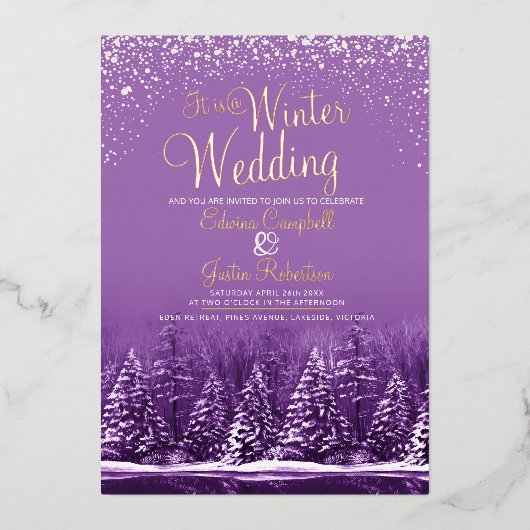 Hochzeitskiefern lila See Folieneinladung (Vorderseite)