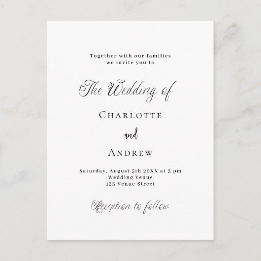 Hochzeitsklassik Schwarz-weiß Einladungspostkarte (Vorderseite)