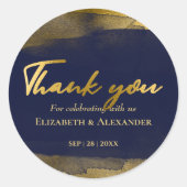 Hochzeitskleber | Blue Watercolor Abstrakt Gilded Runder Aufkleber (Vorderseite)