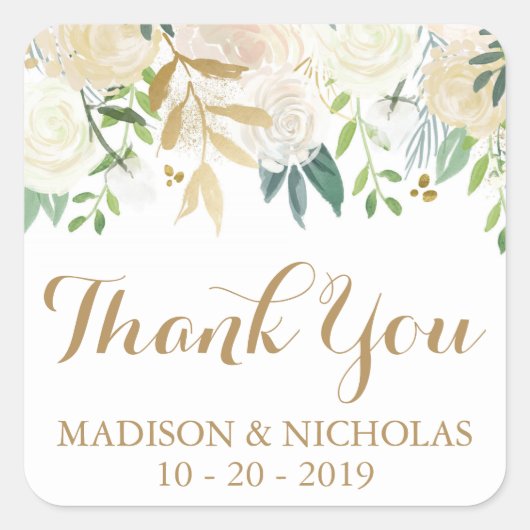 Hochzeitskleber für Gold und Weiße Blume Quadratischer Aufkleber (Vorderseite)