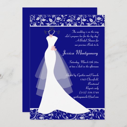 Hochzeitskleid auf königsblauem Brautparty Einladu Einladung (Vorne/Hinten)