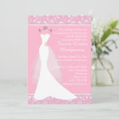 Hochzeitskleid auf rosa Brautparty Einladung (Stehend Vorderseite)