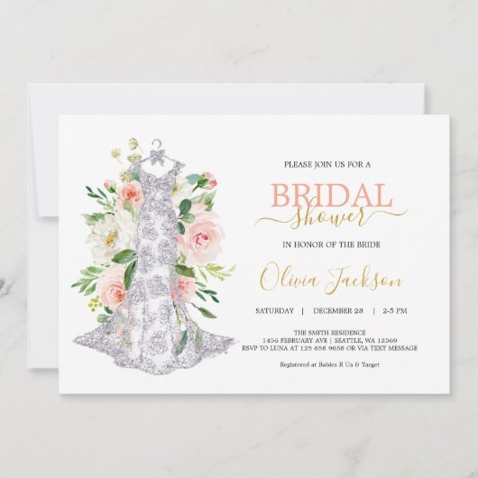 Hochzeitskleid Brautdusche Einladung (Vorderseite)