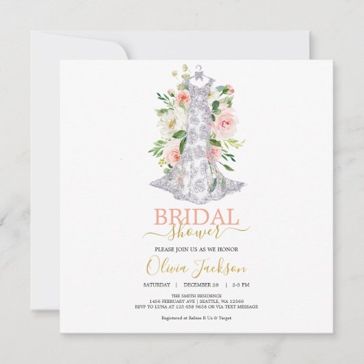 Hochzeitskleid Brautdusche Einladung (Vorderseite)