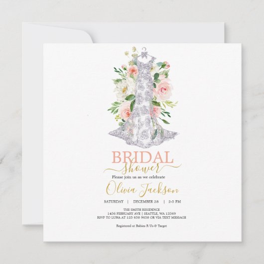 Hochzeitskleid Brautdusche Einladung (Vorderseite)