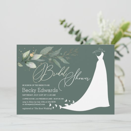 Hochzeitskleid, grünes Brautparty Einladung (Stehend Vorderseite)