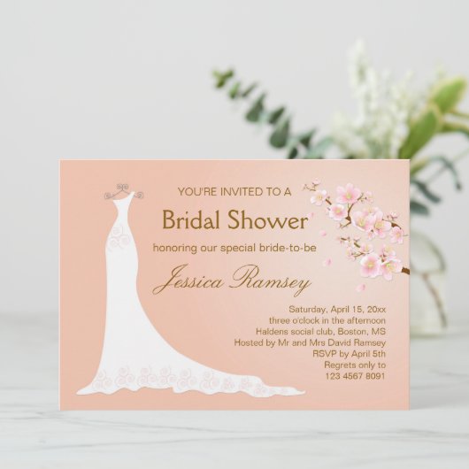 Hochzeitskleid, Kirschblüte Brautparty Einladung (Stehend Vorderseite)