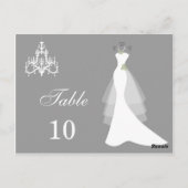 Hochzeitskleid, Kronleuchter auf grauer Tischnumme Postkarte (Rückseite)
