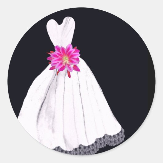 Hochzeitskleid mit rosa tropischer Blume Bouquet Runder Aufkleber (Vorderseite)