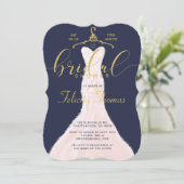 Hochzeitskleid Navy Gold Bridal Dusche Einladung (Stehend Vorderseite)