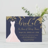 Hochzeitskleid Navy Gold Bridal Dusche Einladung (Stehend Vorderseite)