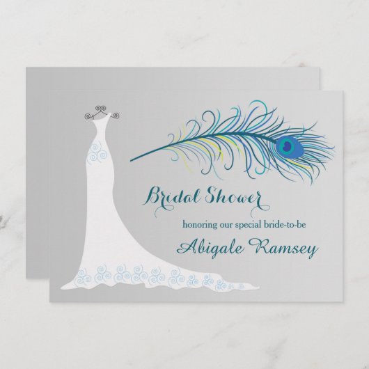 Hochzeitskleid, Pfauenfedern Brautparty laden Einladung (Vorne/Hinten)
