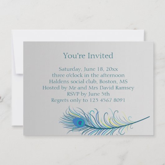 Hochzeitskleid, Pfauenfedern Brautparty laden Einladung (Rückseite)