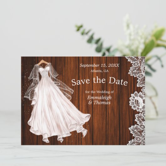 Hochzeitskleid Save the Date rustikale Holzlatte (Stehend Vorderseite)