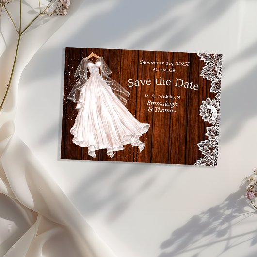 Hochzeitskleid Save the Date rustikale Holzlatte