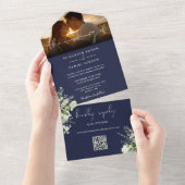 Hochzeitskode für blaues Blumengrün QR Foto All In One Einladung (Abreißen)