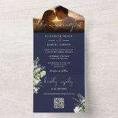 Hochzeitskode für blaues Blumengrün QR Foto All In One Einladung (Innen Boden)