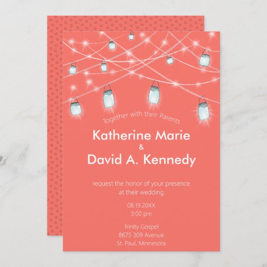 Hochzeitskorallenmason Jar String Light Any Color Einladung (Vorne/Hinten)