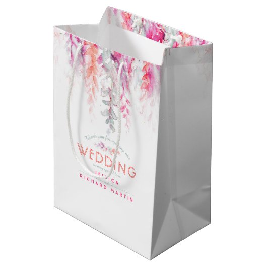 Hochzeitskorallenrosa Blume Dankeschön Geschenktas Mittlere Geschenktüte (Vorderseite Schrägansicht)