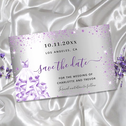 Hochzeitskostüm für lila Kleidung Save the Date Flyer