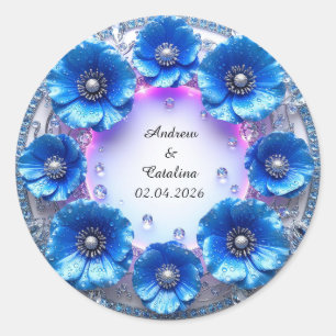 Hochzeitskranz aus funkelnden blauen Blumen Runder Aufkleber