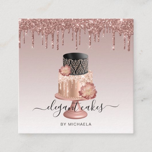 Hochzeitskuchen Glitzer Tropfen Rose Gold Bäckerei Quadratische Visitenkarte (Vorderseite)