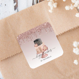 Hochzeitskuchen Glitzer Tropfen Rose Gold Bäckerei Quadratischer Aufkleber