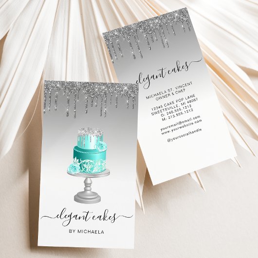 Hochzeitskuchen Glitzer Tropfen Silver Turquoise B Visitenkarte