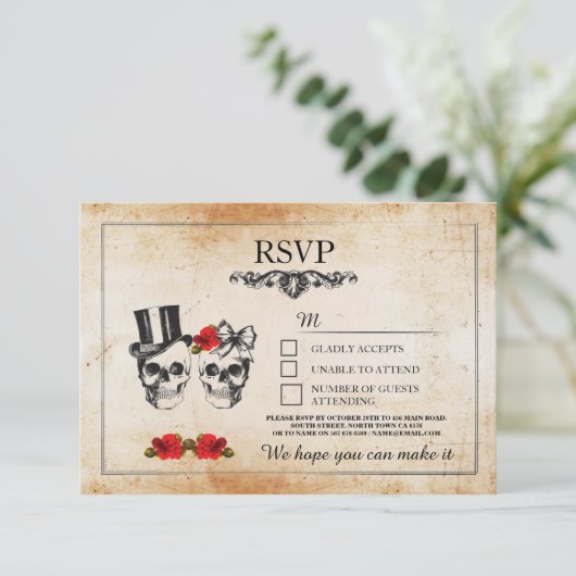 Hochzeitskulls UAWG Skull Rose Rustikale Karten (Stehend Vorderseite)