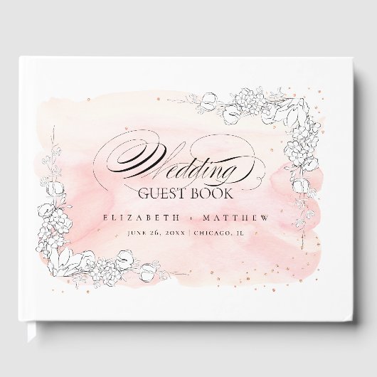 Hochzeitskunst mit gezeichneten Blume Rosa Wasserf Gästebuch (Vorderseite)