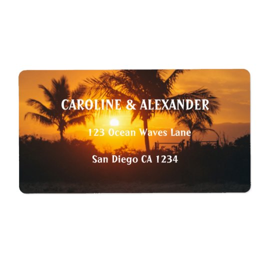 Hochzeitslabel des modernen Sunset Ocean Tropical  (Vorne)