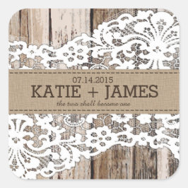Hochzeitslabel Holz und Spitzen Rustikales Land Quadratischer Aufkleber