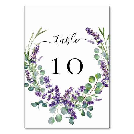 Hochzeitslavenderflorale Eukalyptusgrün Tischnummer (Vorderseite)