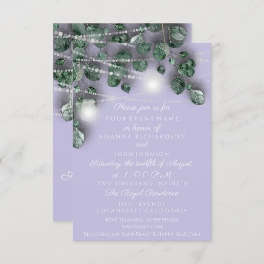 Hochzeitslichter Jars Rustikales Grünes Lavendel-W Einladung (Vorne/Hinten)