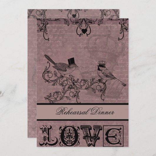 Hochzeitsliebe Vögel Probe Abendessen Einladung (Vorne/Hinten)