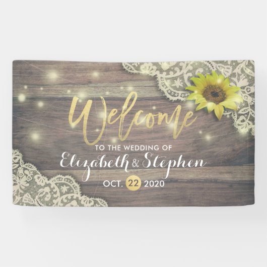 Hochzeitslippe Sonnenblume Rustikales Holz & Strei Banner (Horizontal)