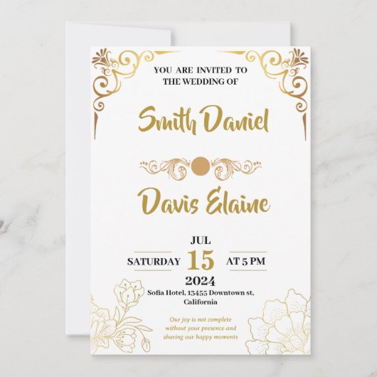 Hochzeitsluxuriöse Vintage Weiß und Gold Einladung (Vorderseite)
