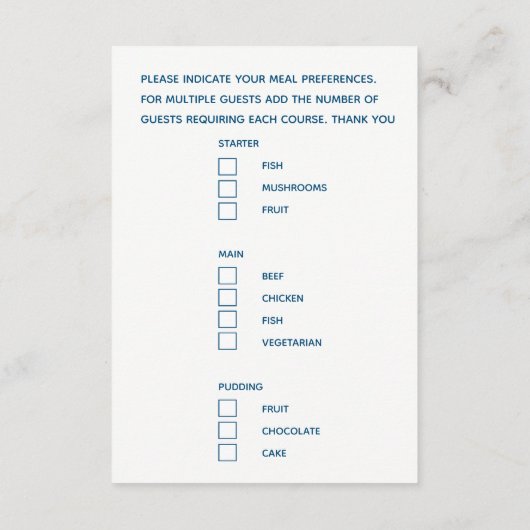 Hochzeitsmahlensortiment mit Skript für blaues Geh Begleitkarte (Rückseite)