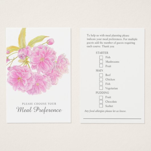 Hochzeitsmahlzeit Präferenz rosa Blumenkarten (Vorne & Hinten)