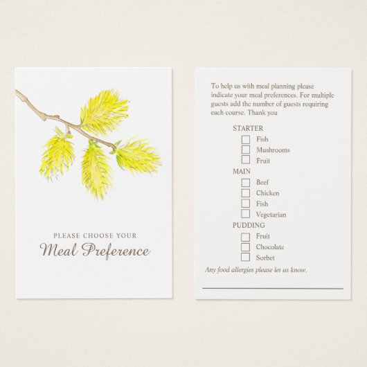 Hochzeitsmahlzeit Präferenzfedergelbe Karten (Vorne & Hinten)