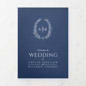 Hochzeitsmahlzeiten in Navy-Weiß-Monogramm-UAWG Dreifach Gefaltete Einladung (Cover)